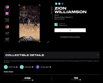 2019-20 NBA Top Shot "Rookie Debut" (Series 1) Zion Williamson Block (#100/192)